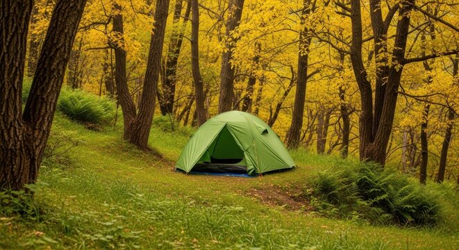 Serene camping spot nestled within a dense forest of golden autumn trees