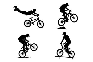 Fototapeta premium BMX and mountain bike rider silhouettes performing jumps and tricks. Black vector set for extreme sports, cycling competition, freestyle training, stunt action, adventure and motion design.