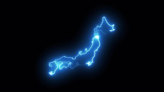 Japan Map Animation with Blue Neon Glow, Futuristic Digital Technology Style, Alpha Channel Transparent Background, 4K Loop.