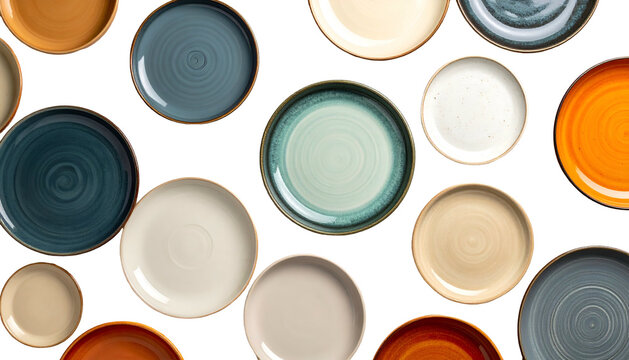 Overhead shot of numerous, colorful ceramic plates on a black background, a design element