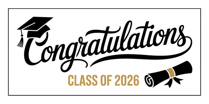 Congratulations Class of 2026 graduation banner with cap and scroll graphic