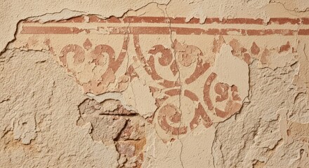 Fototapeta premium Ancient Red Floral Design on Cracked Wall.