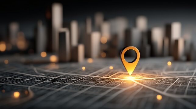Bright orange location pin marker glows on detailed urban grid map with blurred cityscape lights, representing precise address navigation technology, travel destination finder, geofencing proximity