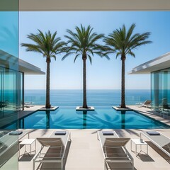 Luxurious infinity pool overlooking serene ocean horizon with palm trees illustration