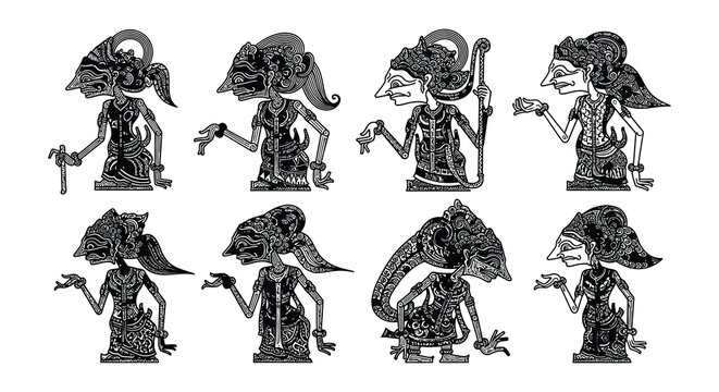 Detailed arrangement of traditional wayang kulit shadow puppets on white background