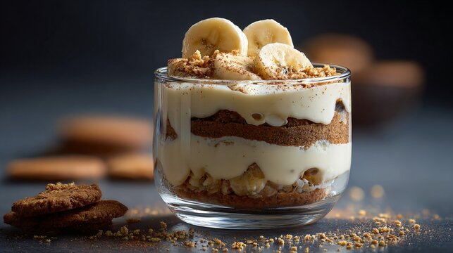 Banana pudding layered with chocolate biscuit crumbs