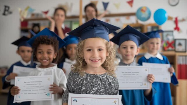 Smiling preschool children wearing graduation caps and holding certificates in classroom celebrating early education achievement