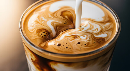 Milk Pouring into Coffee: A Close-Up View of a Delicious, Swirling Beverage