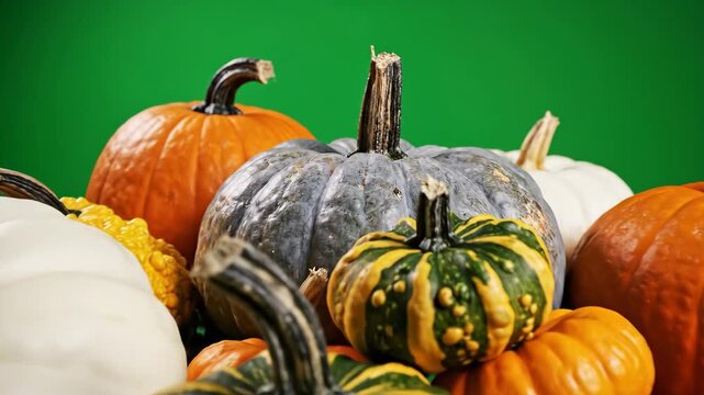 4k cinematic slow motion autumn harvest pumpkins gourds seasonal fall produce close up video footage