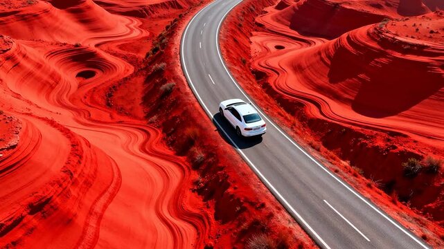 Car on winding road through red landscape