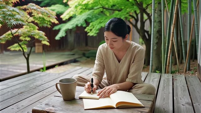 Person journaling outdoors on a wooden table, capturing a calm and mindful lifestyle moment in natural light. Created with generative AI.