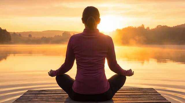 Woman meditating on a wooden pier at sunrise over a misty lake, rear view