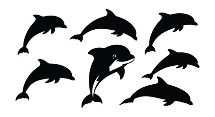 Obraz premium Eight stylized black silhouettes of jumping and swimming dolphins