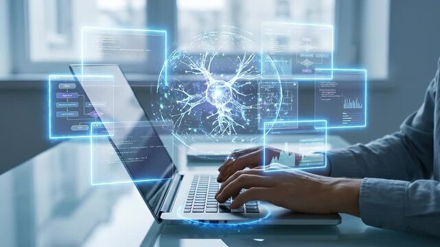 Person typing laptop with holographic neural network globe and translucent data panels hands keyboard futuristic artificial intelligence workspace computer neuron network ai neural person artificial