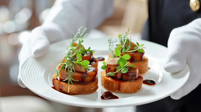 Waiter serving gourmet bruschetta with seared tuna and greens on white plate in elegant restaurant setting