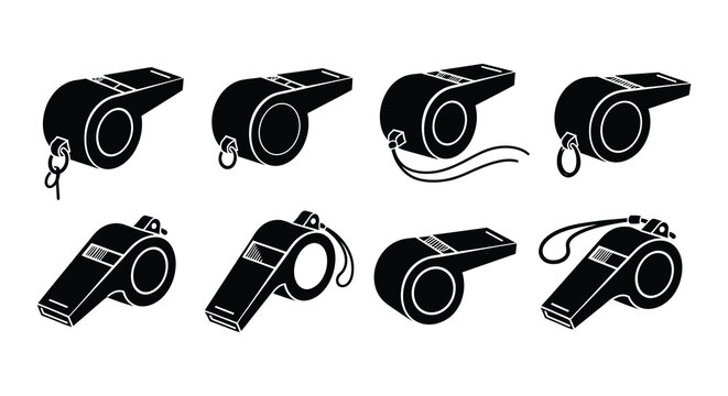 Collection of black and white whistle illustrations in various orientations