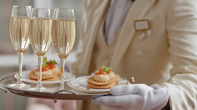 Waiter in white uniform serving champagne and gourmet canapes on silver tray at elegant celebration event