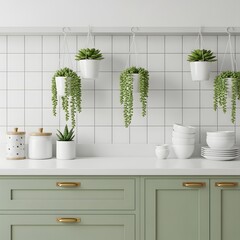 Modern kitchen with green cabinetry and hanging indoor plants for a fresh aesthetic illustration