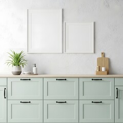 Modern kitchen with minimalist decor and light green cabinetry illustration