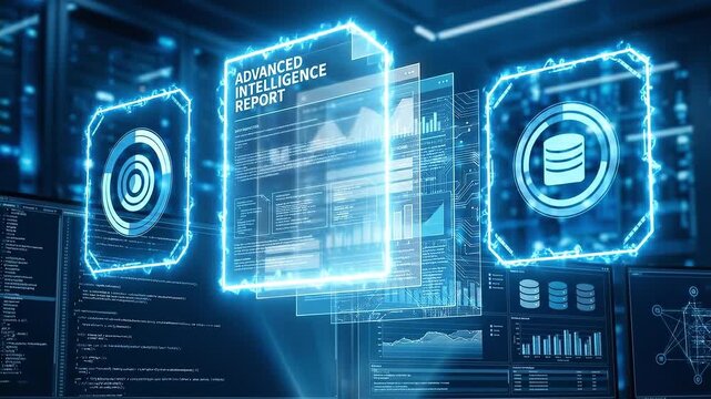 Futuristic holographic intelligence report analytics dashboard data visualization chart database server displaying layered panels, floating hologram above data center racks, modern interface