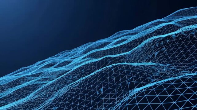 Abstract blue wireframe mesh creates a sloping landscape across a dark background for complex data visualization.