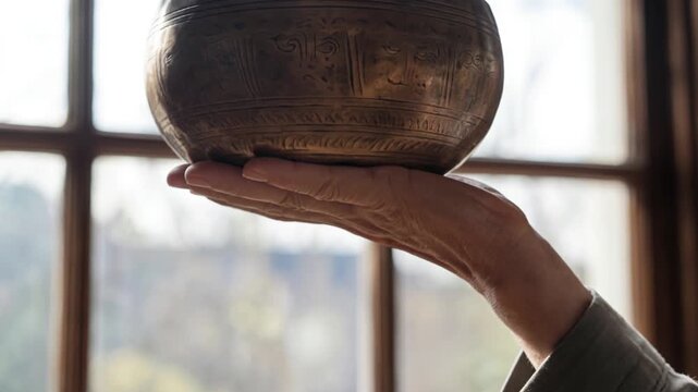 Hand holding a traditional Tibetan singing bowl for sound healing therapy