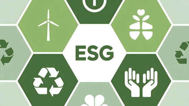 A digital graphic depicting the ESG concept surrounded by hexagonal icons for environmental social and governance principles