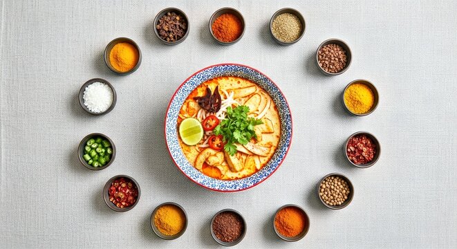Overhead Shot of Laksa in a Patterned Bowl, Surrounded by Spices and Condiments on a Linen Cloth