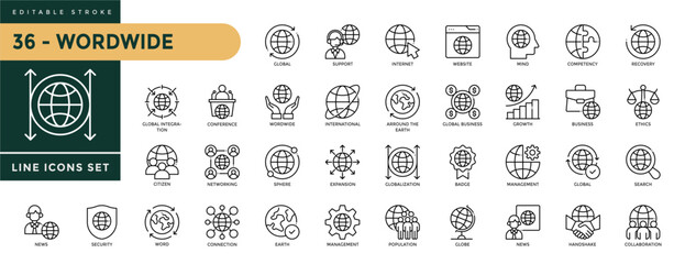 Worldwide icons set with editable stroke, including  world, network, sphere, global country, international, global, earth, globe. Thin linear vector illustration. © Trisula Icons