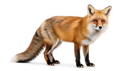 Fototapeta premium Majestic adult red fox showing its bushy tail and white chest isolated for zoological study and educational purposes.