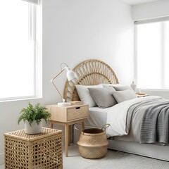 Serene bedroom with natural woven accents and modern decor elements illustration