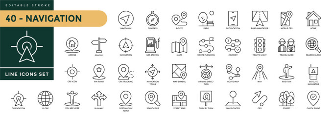 Navigation icons set with editable stroke, including location, navigation, direction, compass, map pin, route planner, geolocation. Thin linear vector illustration. © Trisula Icons