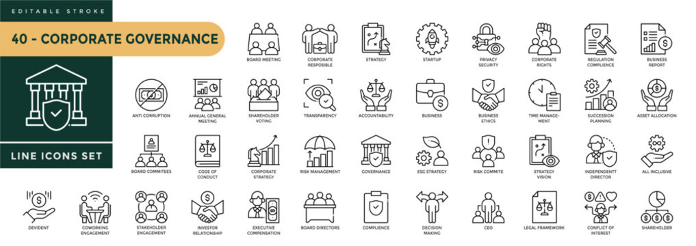 Corporate Governance icons set with editable stroke, including symbols for Board of directors, compliance, ESG strategy, risk management. Thin linear vector illustration.