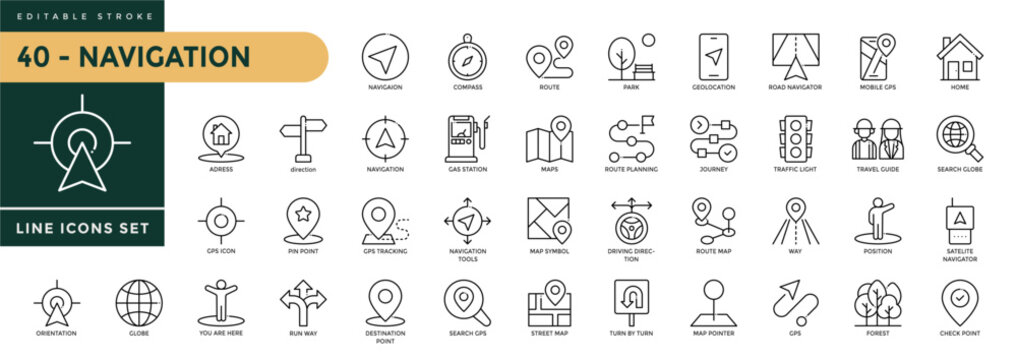 Navigation icons set with editable stroke, including location, navigation, direction, compass, map pin, route planner, geolocation. Thin linear vector illustration.