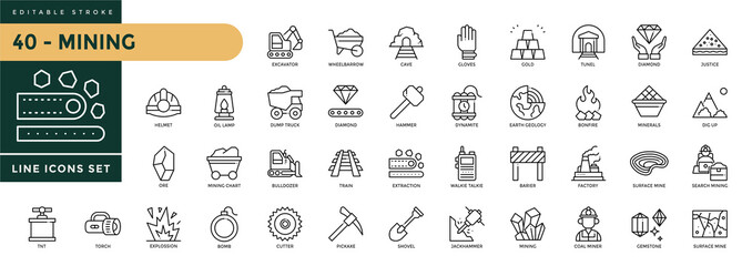 Mining icons set with editable stroke, including diamond, gold, torch, mining saw, ground, shovel, mine, bulldozer, minerals, etc. Thin linear vector illustration. © Trisula Icons
