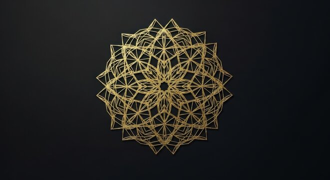 Intricate golden mandala pattern geometric symmetrical design element for spiritual or decorative use isolated on dark background