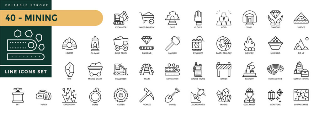 Mining icons set with editable stroke, including diamond, gold, torch, mining saw, ground, shovel, mine, bulldozer, minerals, etc. Thin linear vector illustration.