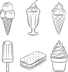 Assorted ice cream illustrations in various styles and containers on transparent background