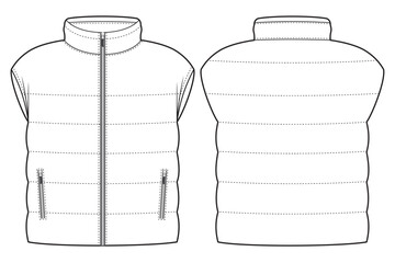 sleeveless puffer vest technical fashion illustration. technical man gilet template. flat sketch man vest fashion design. technical vest, front back, zipper, pocket, CAD mockup. © fashion-studio