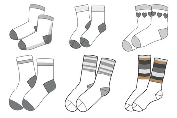 shoe socks technical fashion illustration. flat ketch Knee length socks template, unisex men, women, football socks. vector mid calf length socks. 
