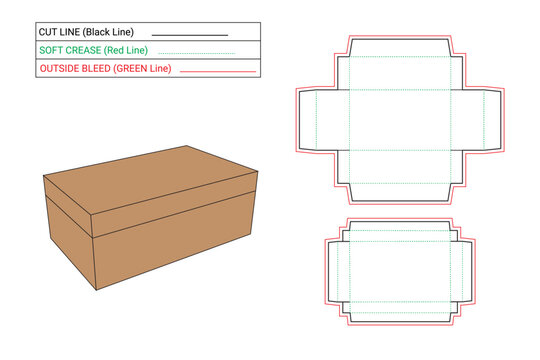Shoe's cardboard box technical illustration. flat sketch shoebox dieline template, perfectly foldable, using glue, 3D box, cutline, soft crease, outside bleed. 
