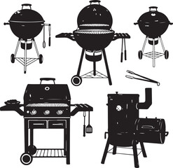 Collection of charcoal and gas grills with utensils isolated on transparent background