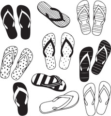 Collection of flipflops in various designs and styles for summer vacation or beach activities