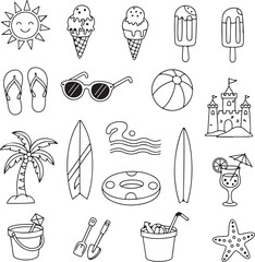 Collection of simple line art summer vacation elements on transparent background