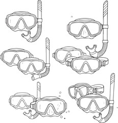 Collection of six black and white illustrations of diving masks and snorkels on transparent background