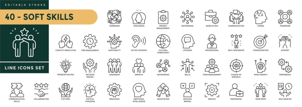  Soft Skills icons set with editable stroke, including communication, empathy, enthusiasm, assertiveness, personality, problem-solving, creativity. Thin linear vector illustration.
