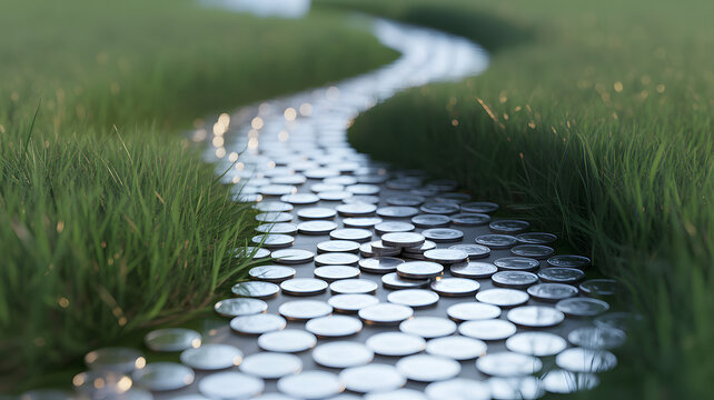 A winding path made of shiny silver coins extending through a field of lush green grass under soft natural light symbolizing a journey of financial growth and future oppo