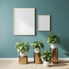 Modern indoor decor featuring plants and minimalist wall art on teal backdrop illustration