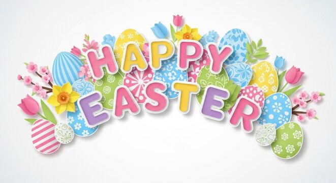 Happy Easter text arches above colorful decorated eggs and spring flowers.