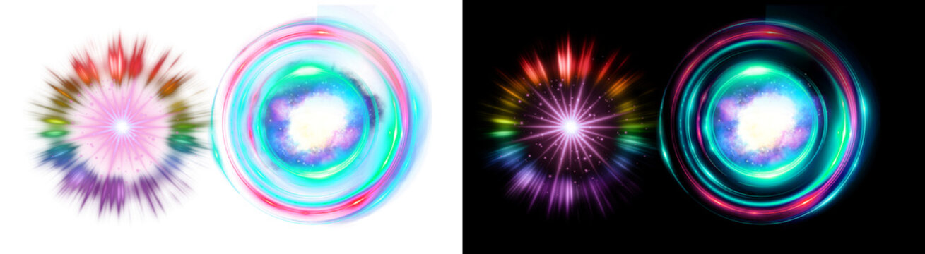 PNG image of&nbsp;Dynamic collection of abstract colorful light effects, featuring bright glowing starbursts and mesmerizing swirling cosmic portals, on transparent background. on transparent background